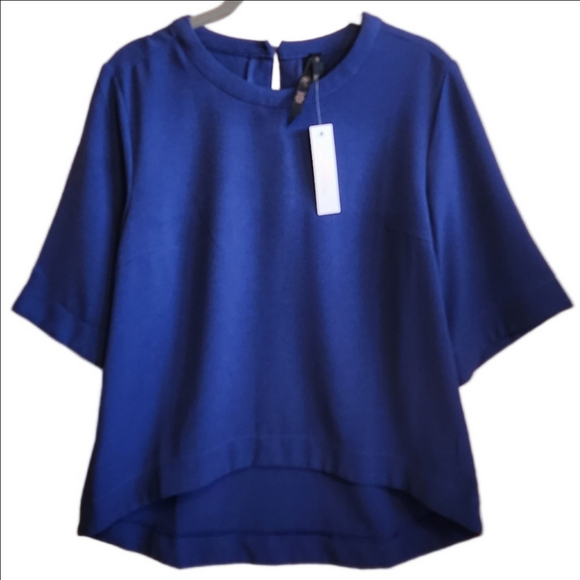 SEVEN7 FOR MELISSA MCCARTHY BLUE SHORT SLEEVE HI LOW TOP SHIRT SMALL NWT - Picture 1 of 6